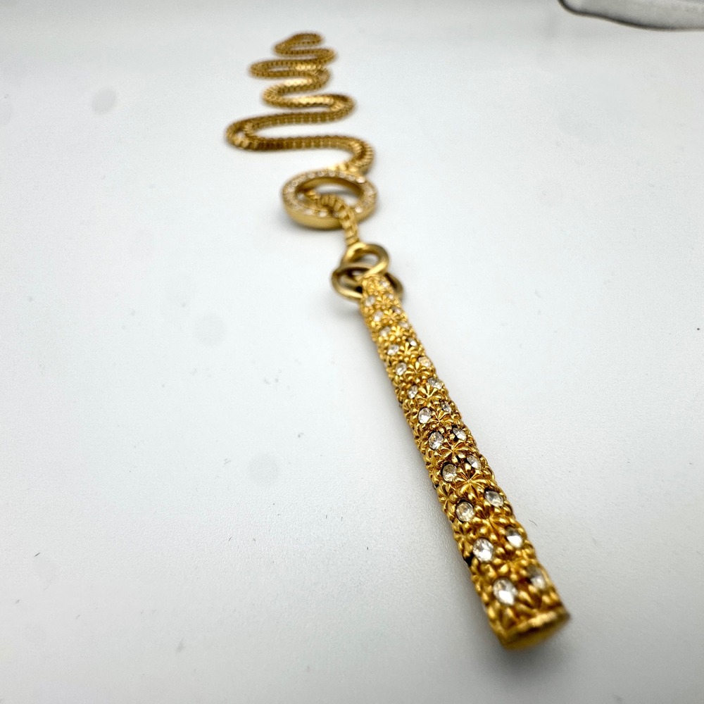 Vintage Gold Tone Crystal Bar Lariat Necklace Box Chain Toggle Signed Korea 30in